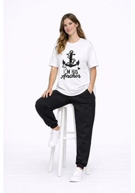 Resim Sevgili Kombini Oversize Çift Tişört Unisex Captain Anchor Baskıl Beyaz 
