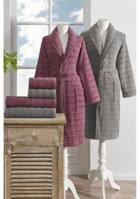 Resim Özdilek Çizgili Kadife Bornoz Seti 6 Parça Koyu Pembe-koyu Gri Çok Renkli 