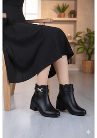 Resim Fort 1092 Rahat Esnek Toka Detaylı Sıcak Astar 4 Cm Yüksek Topuk Kadın Bot Siyah 