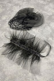 Resim Genel Markalar Parti Aksesuarı Puantiyeli Siyah Nikah Kepi Ve Asvel Bilek Gelin Aksesuarı 