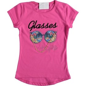 Resim Liay Moda Renkli Gözlük Baskılı Zincir Detalı Kız Çocuk Tişört Fuşya 