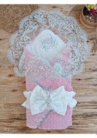Resim Kışlık Bebek Dış Kundak Battaniyesi Dantelli Pembe Bebek Kundağı Unisex Hastane Çıkışı Mevlütlük Pembe 