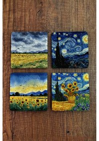 Resim Doğal Taş Bardak Altlığı - Van Gogh Aı Eserleri Baskılı 10x10cm Yapay Zeka Stone Coasters 482 Çok Renkli 