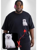 Resim Beyaz Yavru Kedi Siyah Büyük Beden Kadın Basic Minimal Baskılı Tişört Siyah 