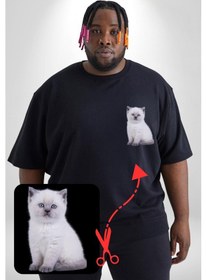 Resim Beyaz Yavru Kedi Siyah Büyük Beden Kadın Basic Minimal Baskılı Tişört Siyah 