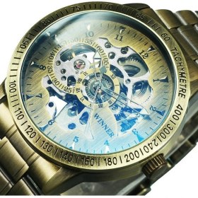 Resim Hanyang Bakır Altın Şeffaf Otomatik Mekanik Izle Erkekler Için Aydınlık Eller Üst Marka Lüks Saatler Siyah Paslanmaz Çelik Kayış (Yurt Dışından) 