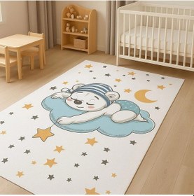 Resim Uyuyan Ayıcık Ve Yıldızlar Çocuk Odası Halısı Beyaz 
