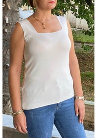Resim Mia Butik Büyük Beden Beyaz Kare Yaka Triko Bluz -1270 Beyaz 