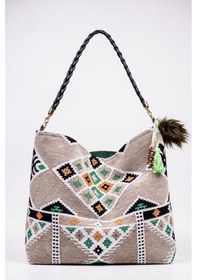 Resim Fabric Craft Bag Omuz Çantası Jakar Dokuma Etnik Desen Gri Yeşil Gri - Yeşil 