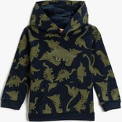 Resim Erkek Bebek Dinozor Baskılı Kapüşonlu Sweatshirt Pamuklu 