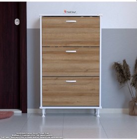 Resim Modilayn Varbi Kapı Önü 52 X 119 X 25, 5 Cm Lik 3 Düşer Kapak 6 Göz Raf Bölmeli Ayakkabılık Beyaz - Meşe 