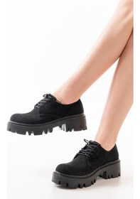 Resim 868-754 Siyah Süet Bağcıklı Günlük Yüksek Tabanlı Loafer Ayakkabı Bej - Siyah 