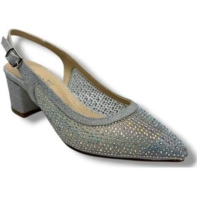 Resim Desire 470-26 Pullu Siimli Saten Fileli Taşlı Kare Topuk Kadın Ayakkabı GÜMÜŞ 