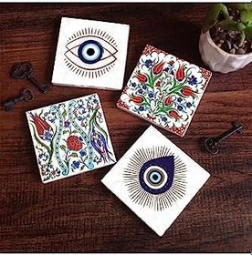 Resim Nazar, Çini Sanatı Lale Taş Bardak Altlığı Seti - 4 Parça - Dekoratif, Rustik Mutfak Aksesuarı, 10x10 cm, Kaydırmaz Tabanlı, Şık ve Dayanıklı SC415 
