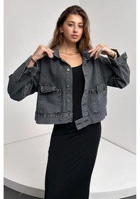 Resim Çift Cepli Belinde Düğme Detaylı Kot Ceket Koyu Gri 