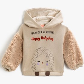 Resim Kız Bebek Kapüşonlu Baskılı Peluş Kol Sweatshirt Pamuklu 