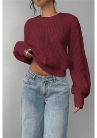 Resim Tarz Cool Kadın Bordo Oversize Bisiklet Yaka Balon Kol Fitilli Triko Kazak Bordo 