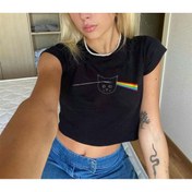 Resim Touz Moda Pink Floyd Cat Baskılı Siyah Crop 