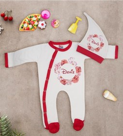 Resim Bk Kids Kişiye Özel Çiçek Tasarımlı Kırmızı Tulum Zıbın Ve Kukuletalı Şapka Seti-6 Çok Renkli 