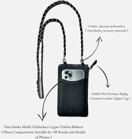 Resim CüzCan Reina Kadın Siyah Hakiki Deri Telefon Bölmeli Cüzdan Omuz Çantası 