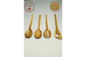 Resim Ahşap Vadisi Zeytin Ağacı El Yapımı 30 cm 4 Parça Ahşap Mutfak Seti, Tahta Kaşık, Çatal, Spatula, Kevgir 