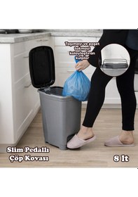 Resim Porsima 086 Pedallı Metalize Banyo Mutfak Çöp Kovası Siyah Kapaklı Slim Pedallı Çöp Kovası 8 Litre Siyah 