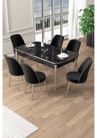 Resim Canisa Pale Serisi 80x132 Açılabilir Siyah Mermer Desen Mutfak Masa Takımı 6 Siyah Sandalye Krom Detay Masa Siyah Mermer Desen Sandalye Siyah Krom Ayak 