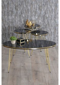 Resim Zigon Sehpa Ve Orta Sehpa Elips Set Çift Gold Bendir Tel Ayak 