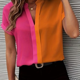 Resim Kadınlar İçin V Yaka Renk Blok Kısa Kollu Gömlek - Pembe & Turuncu İki Ton, Hafif Esneklikli Kumaş, Makinede Yıkanabilir İlkbahar Yaz Sonbahar Mevsimi Modası, Şık Bluz, Düz Dokulu Üst 