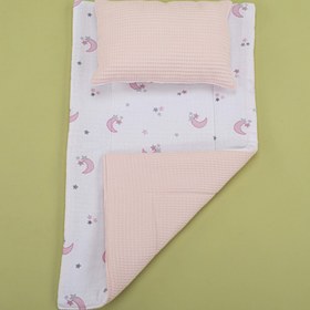 Resim Alt Açma Matı ve Yastık - Çift Taraflı - Bebe Pembe Petek - Pembe Ay 