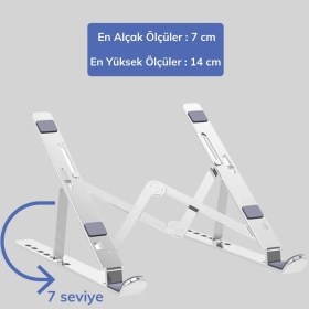Resim Güvenli Sepet Ayarlanabilir Dizüstü Destek Tabanı Tamamen Katlanabilir Taşınabilir Laptop Yükseltici 