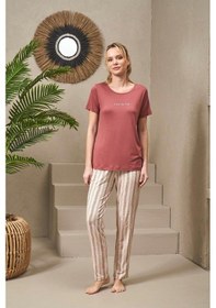 Resim Pjs 25135 Kadın Yuvarlak Yaka İnci Taş Baskılı Çizgili Pijama Takım 001 