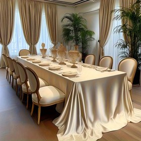 Resim 1 Adet Kraliyet Şampanya İpek Gibi Polyester Masa Örtüsü - Düğünler, Doğum Günleri, Banketler ve Özel Etkinlikler için Makine Yapımı Zarif Dikdörtgen Parti Masa Örtüsü, Tatil Masası Dekorasyonu, Lüks Masa Süslemesi, Pürüzsüz Dokulu Kumaş 