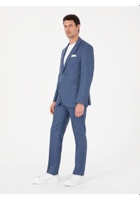 Resim Cacharel İndigo Slim Fit Keten Yün Karışımlı Mikro Desen Mono Yaka Takım Elbise Mavi 