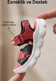 Resim NovaTrack Erkek Çocuk Kırmızı Siyah Anatomik Esnek Tabanlı Sandalet - Cırt Cırtlı Tokalı Yazlık Spor Kreş Çocuk - Bebek Sandaleti 
