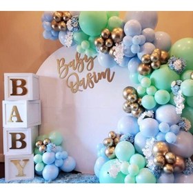 Resim Krom Gold Makaron Mavi Ve Mint Yeşili Balon Zinciri Seti-balon Şehri Balon Seti 