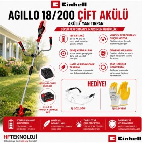 Resim Einhell Agillo 18/200 Çift Akülü 4 Ah Yan Tırpan + Iş Gözlüğü ve Iş Eldiveni Hediye 