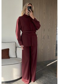 Resim Laluvia Bordo Gold Aksesuar Düğmeli Gömlek Pantolon Takım - 8856 Bordo 