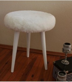 Resim Neta Trade Neta Home Ahşap Ayak Dekoratif Beyaz Peluş Puf Tabure Bench Yuvarlak Koltuk Sandalye 4 Lü Ayak 