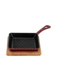 Resim Lava Döküm Mini Kare Izgara Tava Kayın Ahşap Altlıklı Döküm Demir Yekpare Saplı Ölçü 16x16cm.-bordo Bordo 