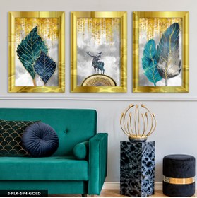 Resim Evinemoda Geyik ve Renkli Yapraklar 3 Parça Gold Pleksi Aynalı Tablo 
