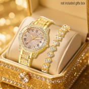 Resim 1 Adet Kadınlar İçin Gül Altın Renkli Taşlı Çinko Alaşım Kayışlı Şık Yuvarlak Kadran Kuvars Saat & 1 Adet Zincir Bilezik, Hediye ve Tatil İçin 