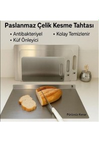 Resim Paslanmaz Çelik Antibakteriyel Tezgah Üstü Kesme Tahtası 304 Kalite - 50x60 Cm Gri Gri 