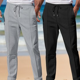 Resim 2 Adet Erkekler İçin Hafif Nefes Alabilen Waffle Desenli Düz Paça Spor Pantolon - Elastik Bel ve İpli, Tüm Mevsimler için Esnek Jogger Yoga, Yürüyüş, Golf, Plaj & Günlük Kullanım (Beyaz & Lacivert), Aktif Yaşam Giyim, Düz Paça Pantolonlar, Yumuşak Kumaş 