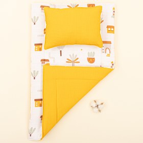 Resim Alt Açma Matı ve Yastık - Çift Taraflı - Hardal Petek - Sarı Ev 