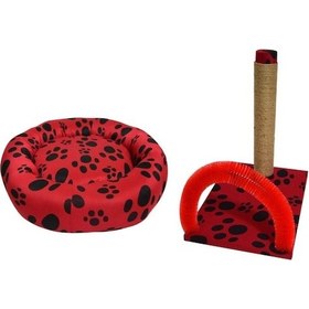 Resim Biosand Simit Kedi Yatağı ve Kaşımalı Tırmalama Seti Kırmızı Pati 