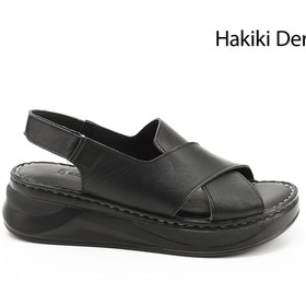 Resim GÖNDERİ(R) Kadın / Kız Siyah Cırt Bantlı Dolgu Topuklu Hakiki Deri Comfort Sandalet 