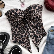 Resim Önü Bağlamalı ve Önü Yırtmaçlı Şık Leopar Desenli Crop Top, Rahat Şifon, Makinede Yıkanabilir - Polyester 