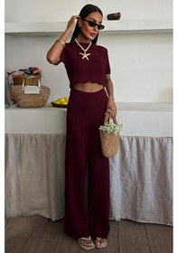 Resim WeShaya Kadın Bordo Örme Akrilik Kısa Kollu İkili Takım Bordo 