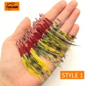 Resim Kırmızı ve Sarı Tüy Yemli Takami 20 Adet Balıkçılık Kancaları - Oyunbalığı için Yavaş Dönen Tuzlu Su Tekne Kanca, Canlı Tüylü Siyah Metal Kancalar 